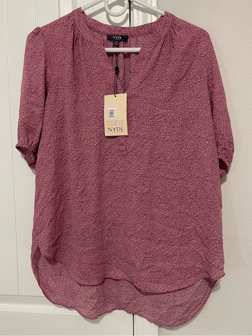 NYDJ Mauve-Pink Leaf Print Scoop Neck Sheer Blouse